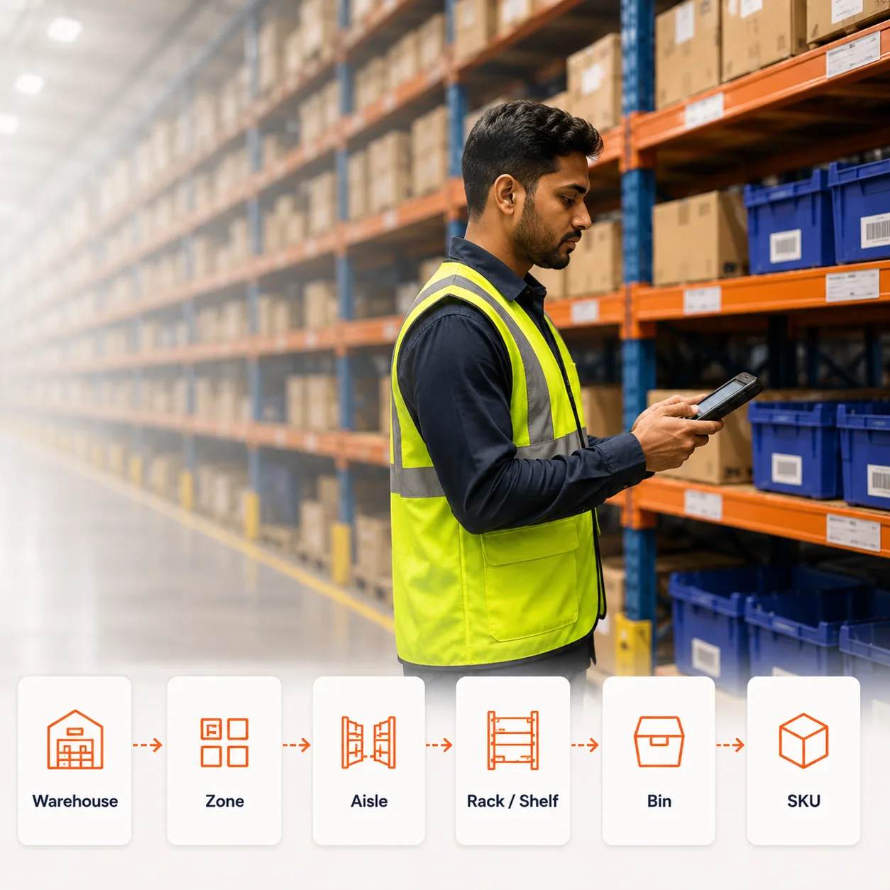 Warehouse worker using a handheld scanner to perform a cycle count on labelled bin locations